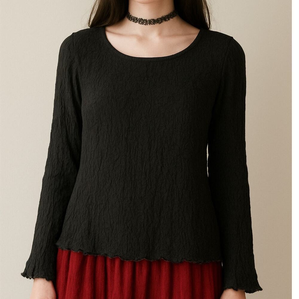 CP Shades Long Sleeve Top Black Floral Embroidered Crinkle Sz Med Whimsigoth
